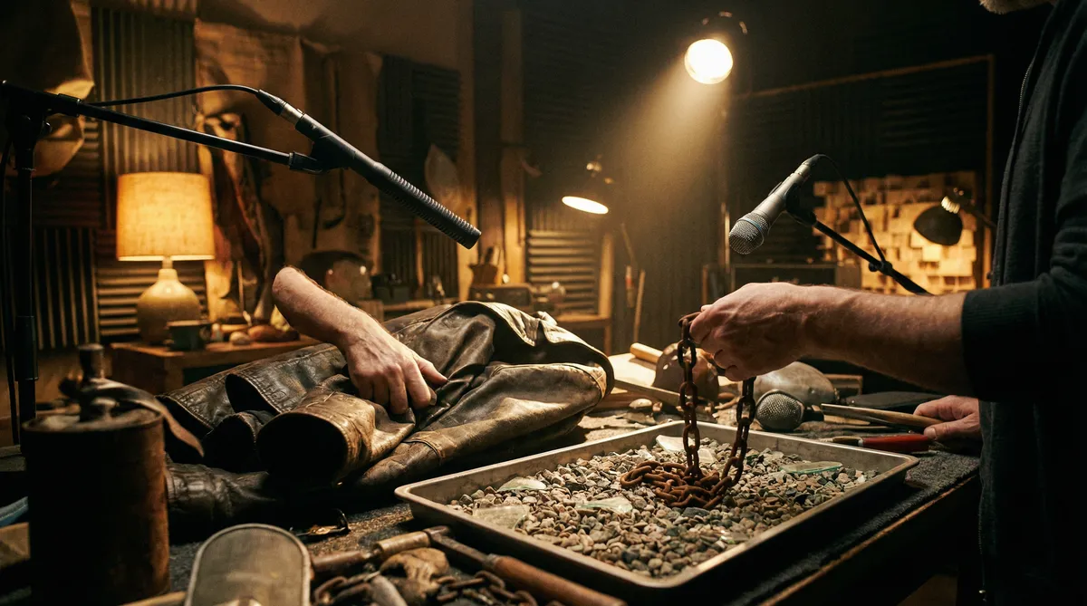 Foley 拟音艺术家在工作台前创作 影视音效